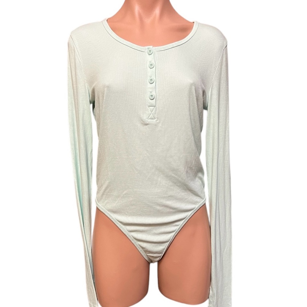 Legends Long Sleeve Henley Ribbed Bodysuit Women’s L Pale Green NWOT